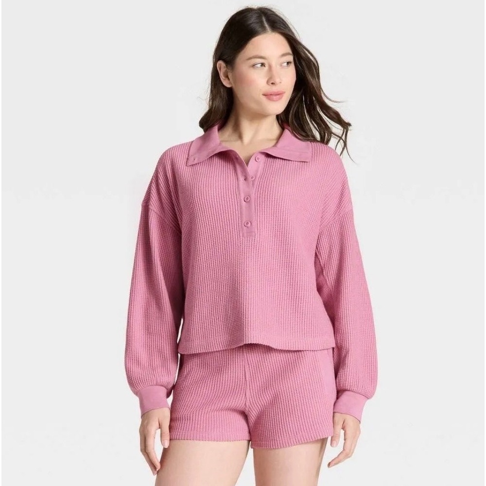 Auden Women's Waffle Henley Pink Sweatshirt Size XL